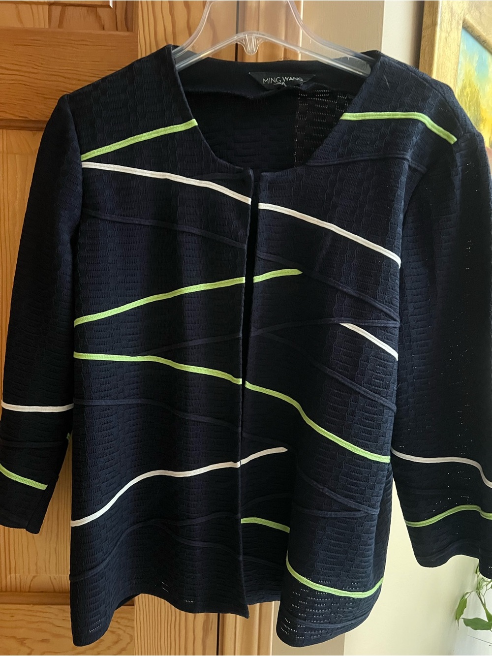 Ming Wang Navy Open-Front Jacket with Lime & White Wave Stripes